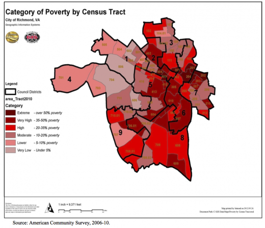 Poverty Rate by Census Tract and Council District, City of Richmond 2006-10.