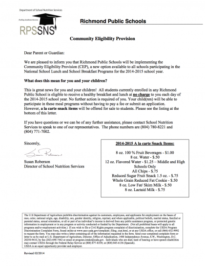 Community Eligibility Provision memo to parents 071014