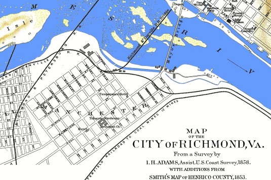 Early Manchester from Map of Richmond from the Official Records Atlas, Plate LXXXIX, #2. Prepared in 1864 by A. D. Bache for the U. S. Coast Survey (via Civil War Richmond)