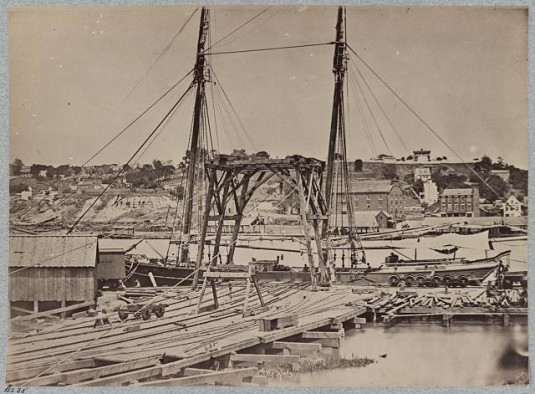 Confederate Navy Yard via Library of Congress. View on the dock on south side of James River opposite Rocketts, Richmond, Va., April, 1865